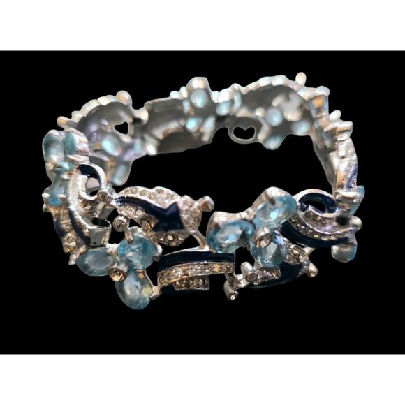 Vintage 1930s Rhodium-Plated Blue Enamel Trillium Bracelet Attributed to Mazer - Picture 2 of 13